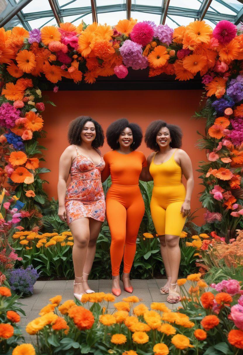 A diverse group of women of different body types joyfully celebrating together at the Barbican, surrounded by vibrant flowers and colorful art installations. The scene radiates warmth, positivity, and confidence, showcasing femininity and self-love in various forms. Include elements that represent diversity in culture and style, creating a sense of community. bright colors. vibrant energy. super-realistic.
