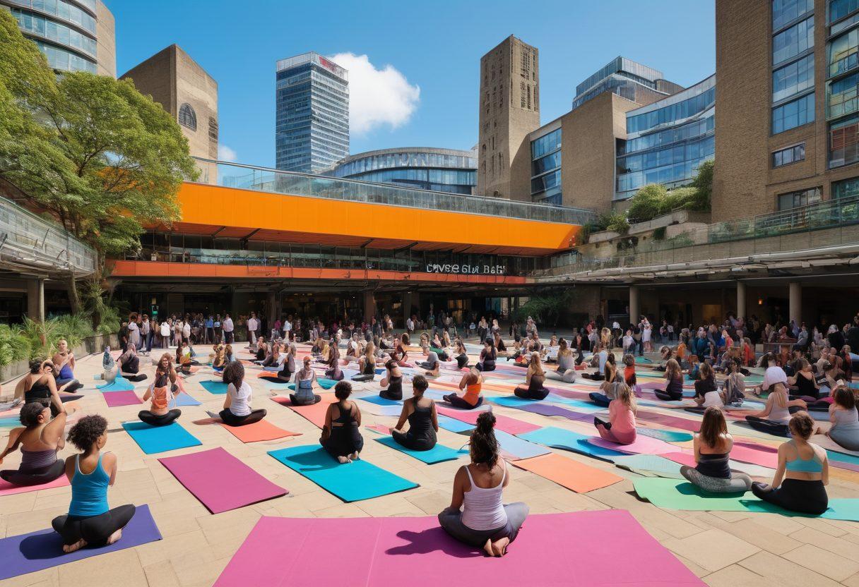 A dynamic community event scene at the Barbican showcasing empowered women of diverse backgrounds engaged in health and body positivity activities. The setting includes vibrant banners, wellness workshops, and a supportive atmosphere with women sharing experiences. Incorporate elements like yoga mats, healthy food stalls, and artistic displays celebrating body diversity. The background features the iconic architecture of the Barbican. colorful illustration. vibrant colors. energetic atmosphere.